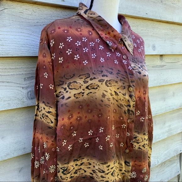 Vintage 90s Bob Mackie Silk Floral Leopard Print Button Down Long Sleeve Shirt - Picture 4 of 16